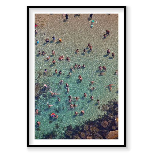 Aerial view of Bronte Beach swimmers in turquoise water from above, photography print by Remy Gerega