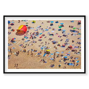 Aerial view of Tamarama Beach with colorful umbrellas and sunbathers, photography print by Remy Gerega