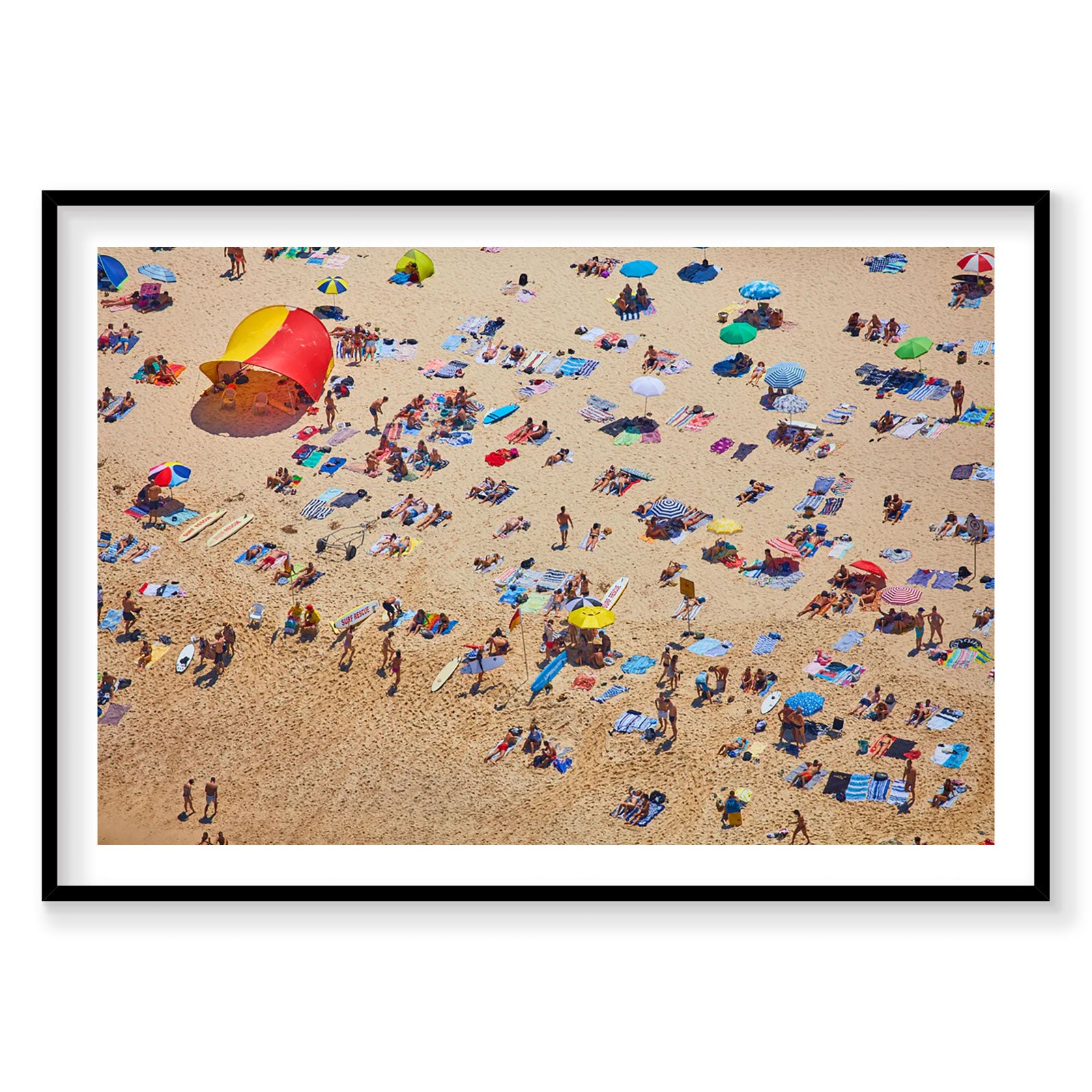 Aerial view of Tamarama Beach with colorful umbrellas and sunbathers, photography print by Remy Gerega