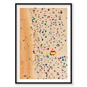 Aerial view of Bondi Beach sunbathers scattered across golden sand, photography print by Remy Gerega
