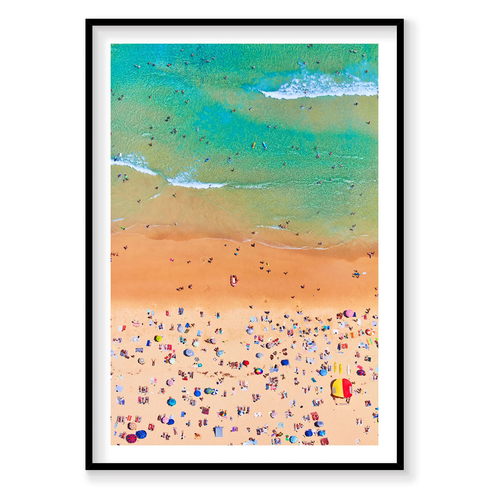 Aerial view of Bondi Beach with crowded sand and turquoise ocean waves, photography print by Remy Gerega