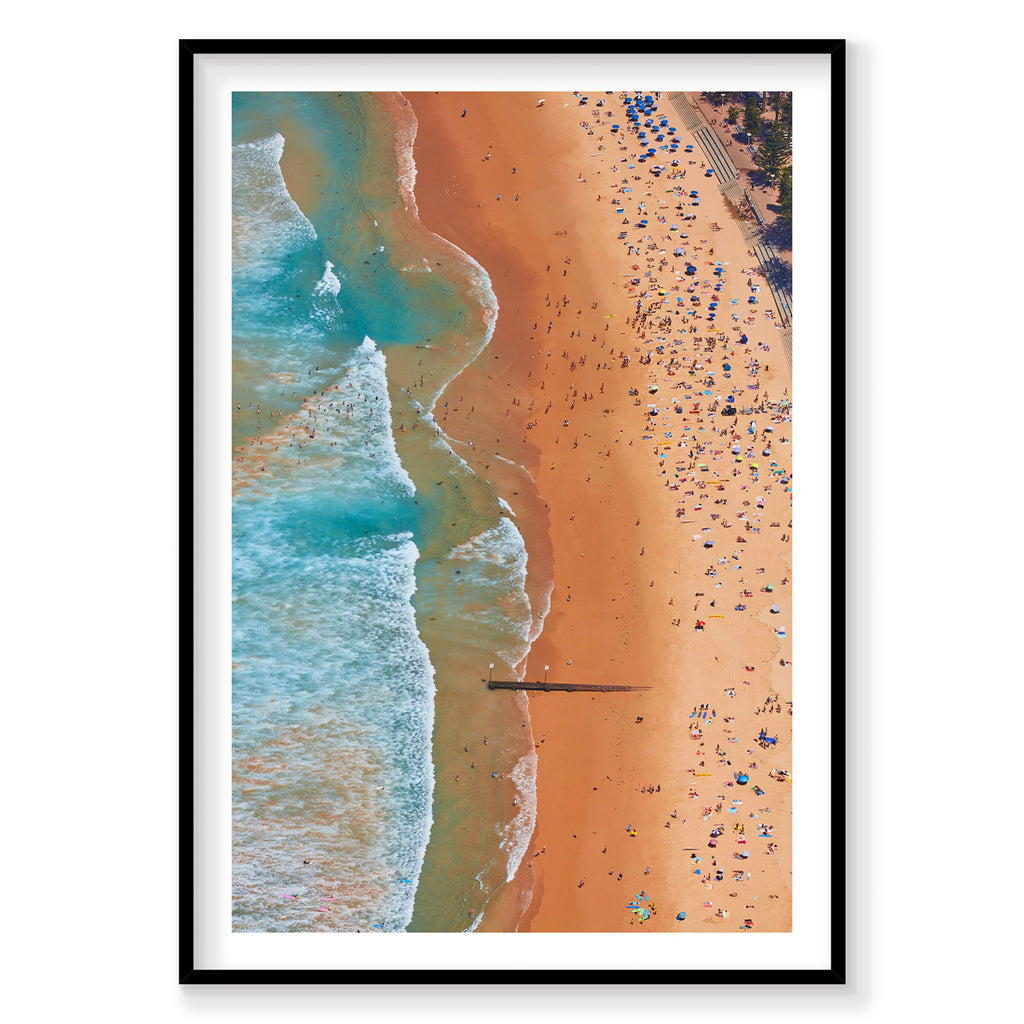 Aerial view of Manly Beach with turquoise ocean, waves and crowded golden sand from above, photography print by Remy Gerega