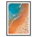 Aerial view of Manly Beach with turquoise water, white waves, and orange sand scattered with beachgoers, photography print...