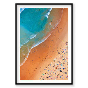 Aerial view of Manly Beach with turquoise water, white waves, and orange sand scattered with beachgoers, photography print...