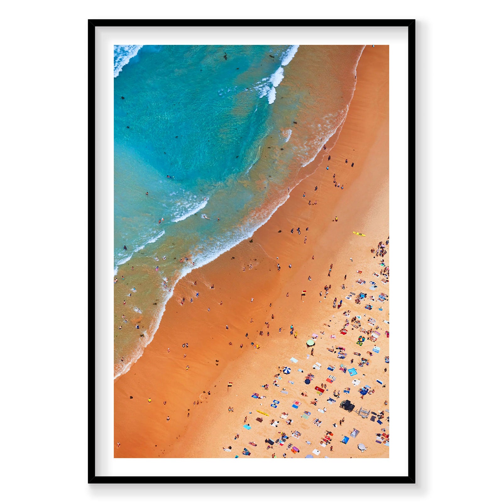 Aerial view of Manly Beach with turquoise water, white waves, and orange sand scattered with beachgoers, photography print...