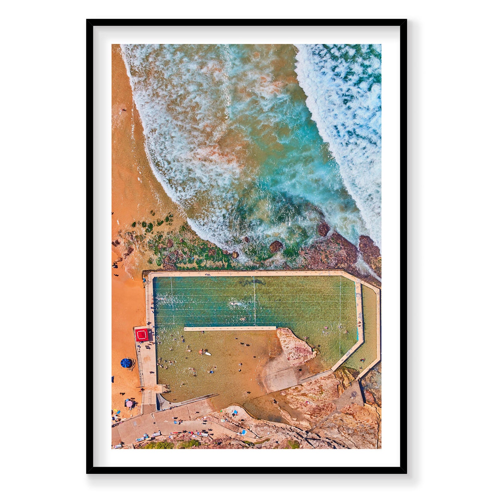 Aerial view of Curl Curl Pool with turquoise water and golden sand surrounded by ocean waves, photography print by Remy Ge...
