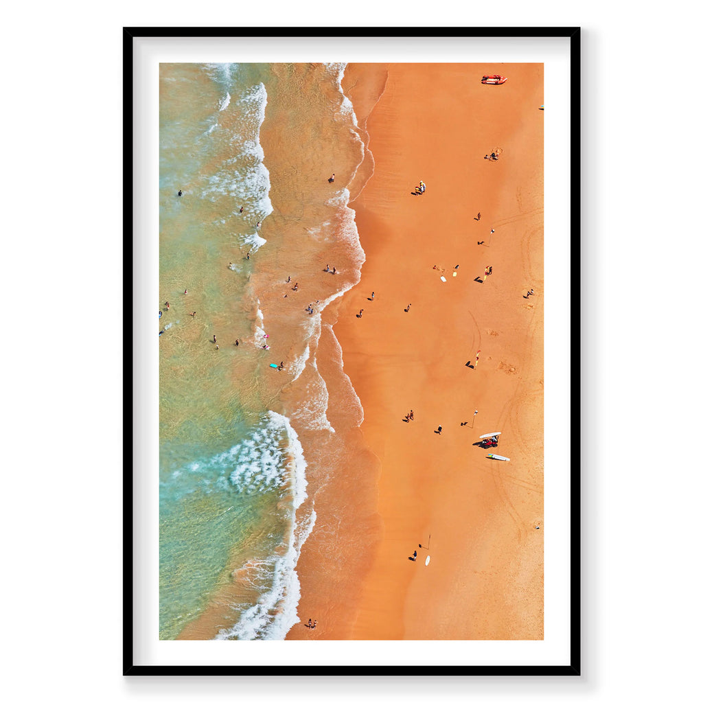 Aerial view of Curl Curl Beach with turquoise waves and orange sand from above, photography print by Remy Gerega