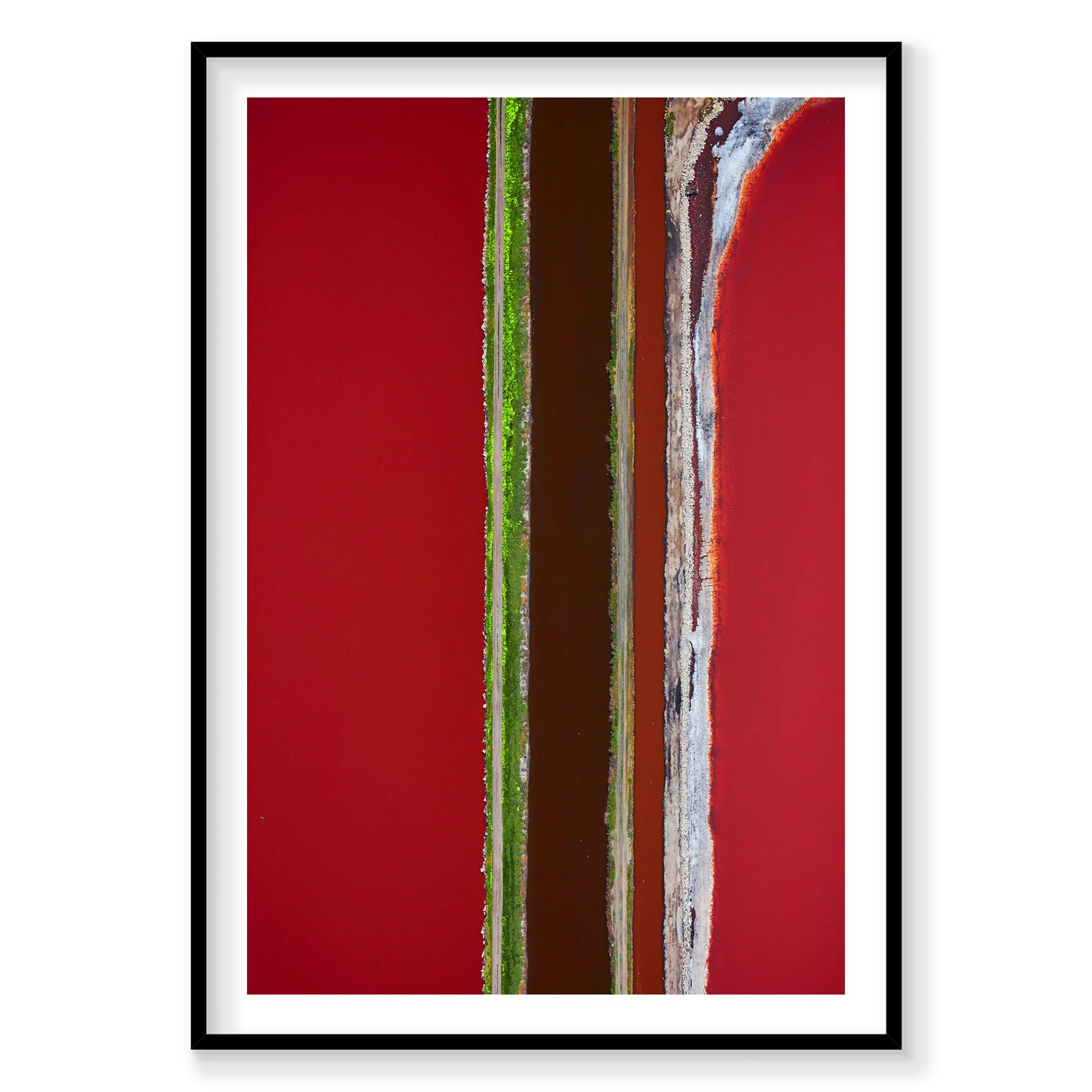 Aerial view of red salt ponds with green algae and mineral bands, San Francisco Bay, photography print by Remy Gerega