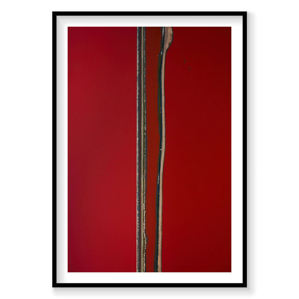 Aerial view of San Francisco Bay with parallel roads and deep red water, photography print by Remy Gerega