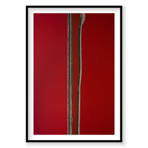 Aerial view of San Francisco Bay with parallel roads and deep red water, photography print by Remy Gerega