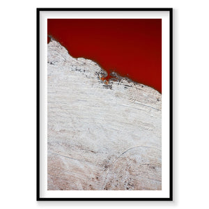Aerial view of white salt mounds meeting vibrant red water in San Francisco Bay, photography print by Remy Gerega