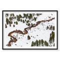 Aerial view of winding river through snowy forest with scattered evergreen trees, Lake Tahoe, photography print by Remy Ge...