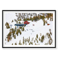 Aerial view of snowy Lake Tahoe ski resort with red lodge and ski lift, photography print by Remy Gerega