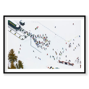 Aerial view of Dipper Express ski lift and snowy slopes at Lake Tahoe, photography print by Remy Gerega