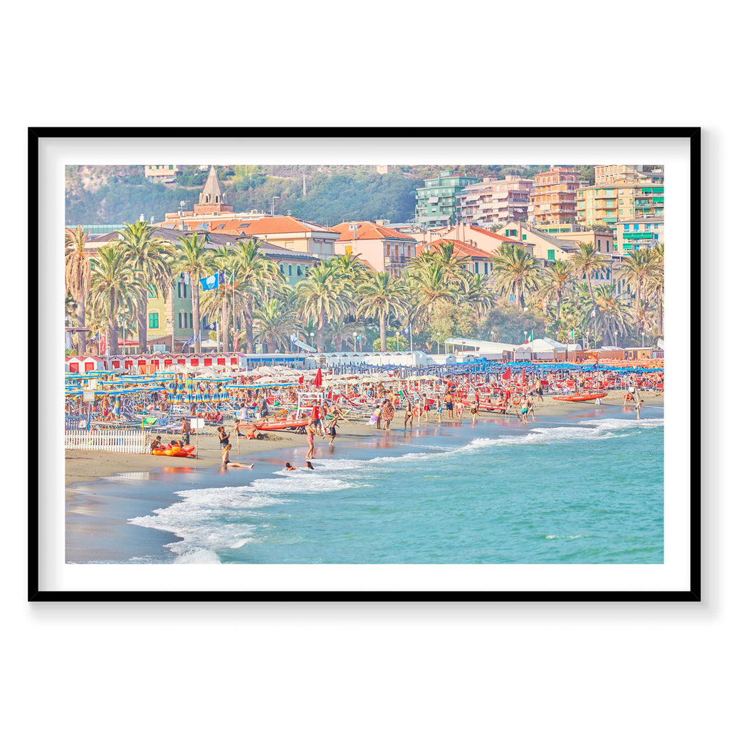 Varazze Beach Italian Riviera crowded with colorful umbrellas and beachgoers, photography print by Remy Gerega