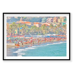 Varazze Beach Italian Riviera crowded with colorful umbrellas and beachgoers, photography print by Remy Gerega