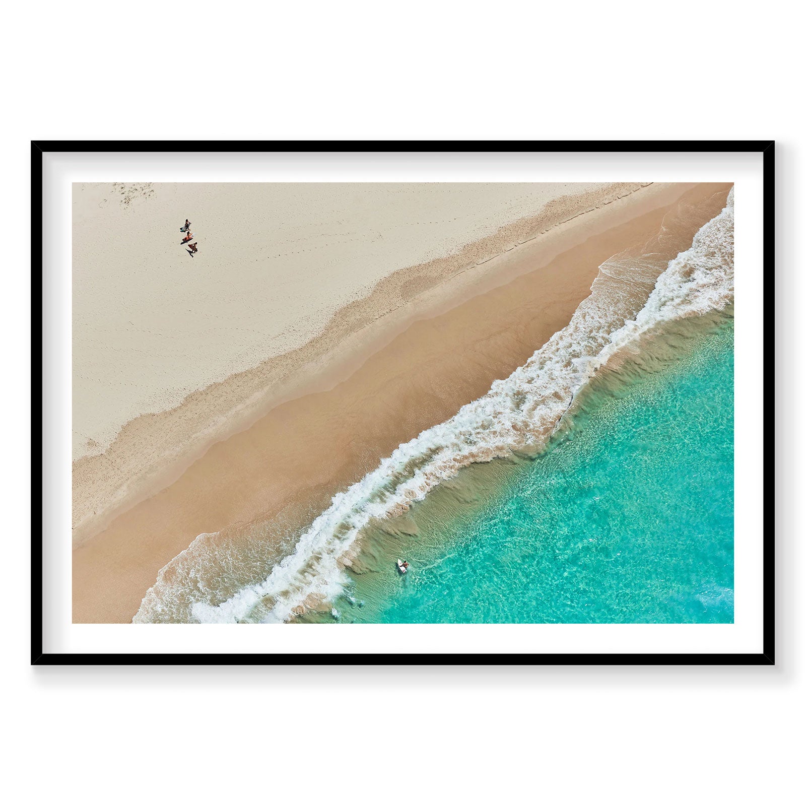 Aerial view of Wategos Beach Byron Bay with surfers and turquoise waves, photography print by Remy Gerega
