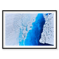 Aerial view of Greenland glacial fjord with vibrant blue ice channel, photography print by Remy Gerega