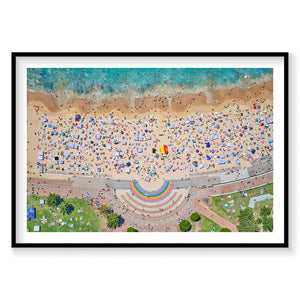 Aerial view of Coogee Beach with rainbow pool and sunbathers from above, photography print by Remy Gerega