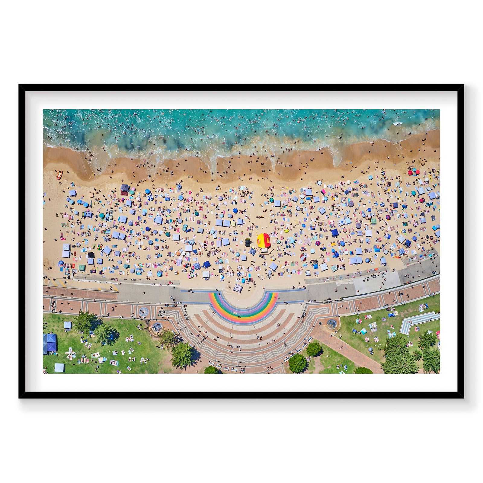 Aerial view of Coogee Beach with rainbow pool and sunbathers from above, photography print by Remy Gerega