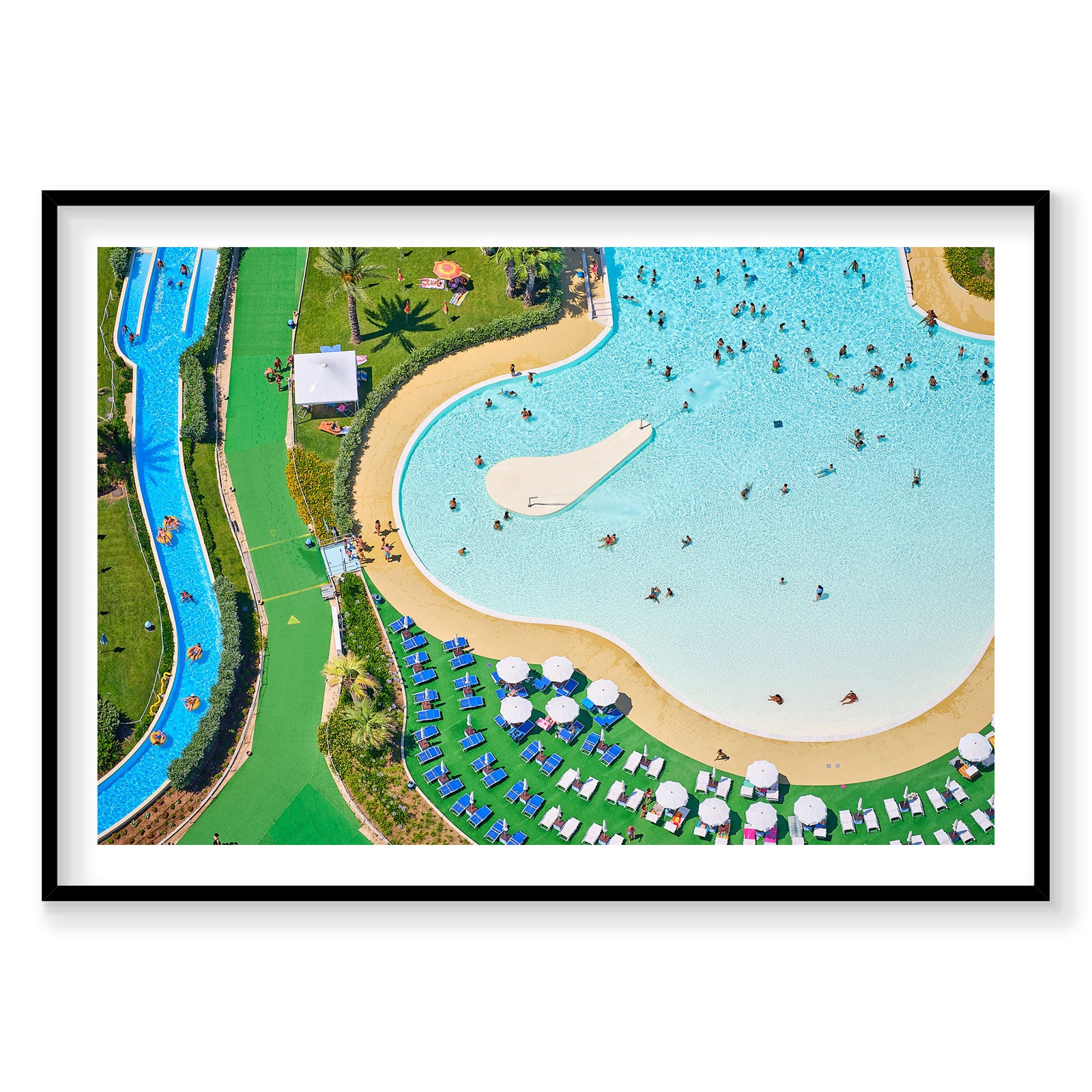 Aerial view of Aquapark Egnazia Italy with turquoise pools, sandy beaches and umbrellas, photography print by Remy Gerega