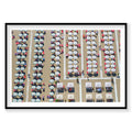 Aerial view of Italian beach with organized umbrellas and beach chairs in geometric rows, photography print by Remy Gerega