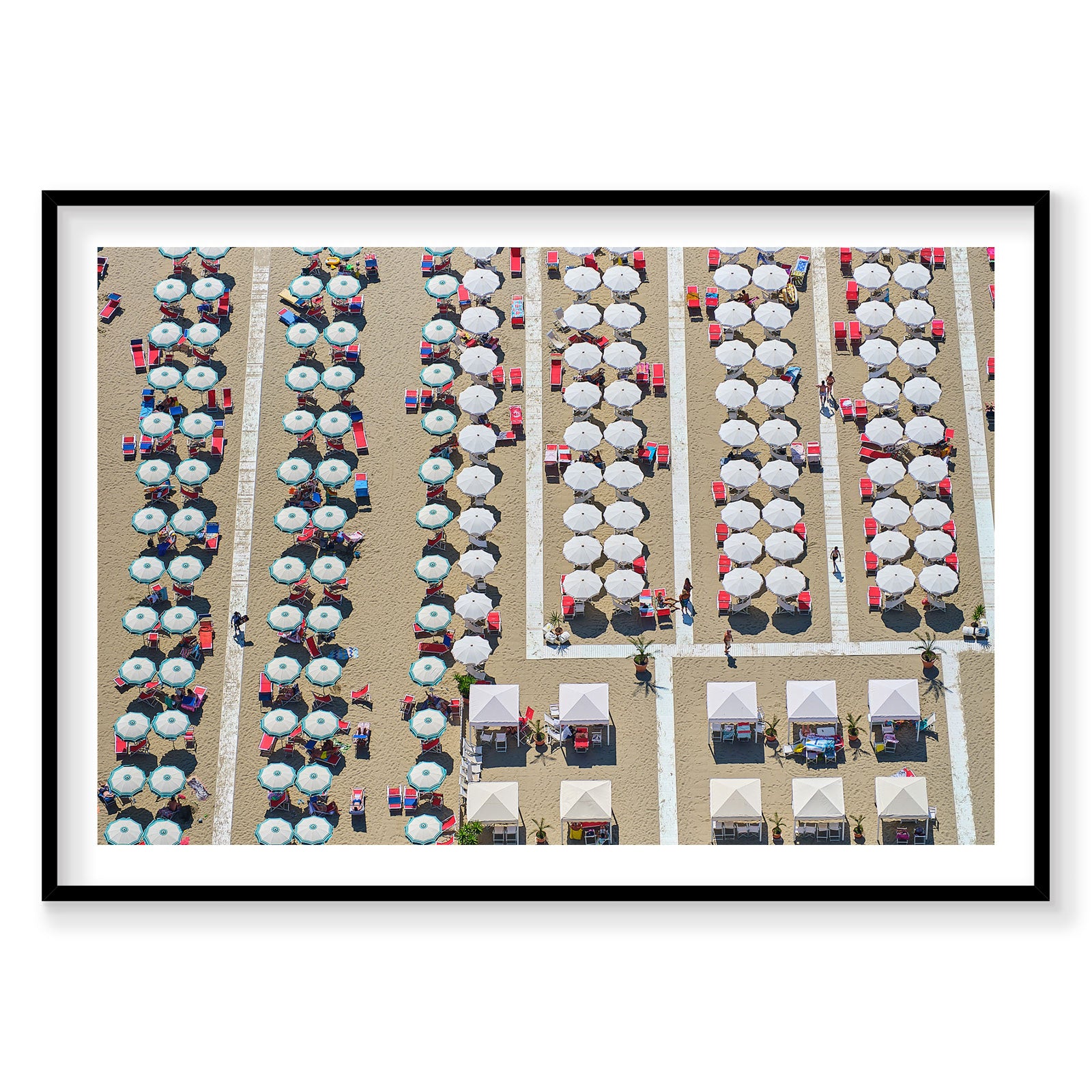 Aerial view of Italian beach with organized umbrellas and beach chairs in geometric rows, photography print by Remy Gerega