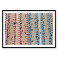 Aerial view of Italian beach with pink and blue umbrellas arranged in rows, photography print by Remy Gerega
