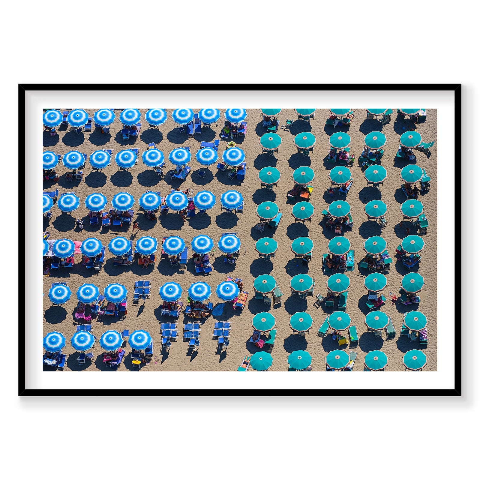 Aerial view of Italian beach with blue and turquoise umbrellas and sunbathers, photography print by Remy Gerega