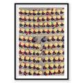 Aerial view of Italian beach with yellow umbrellas and red loungers from above, photography print by Remy Gerega