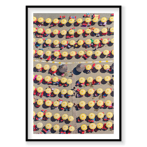 Aerial view of Italian beach with yellow umbrellas and red loungers from above, photography print by Remy Gerega
