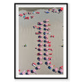 Aerial view of red and white striped beach umbrellas arranged on Italian sand, photography print by Remy Gerega