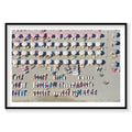Aerial view of Italian beach with colorful umbrellas and sunbathers arranged in rows, photography print by Remy Gerega
