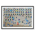 Aerial view of colorful beach umbrellas and sunbathers on Italian sandy beach, photography print by Remy Gerega