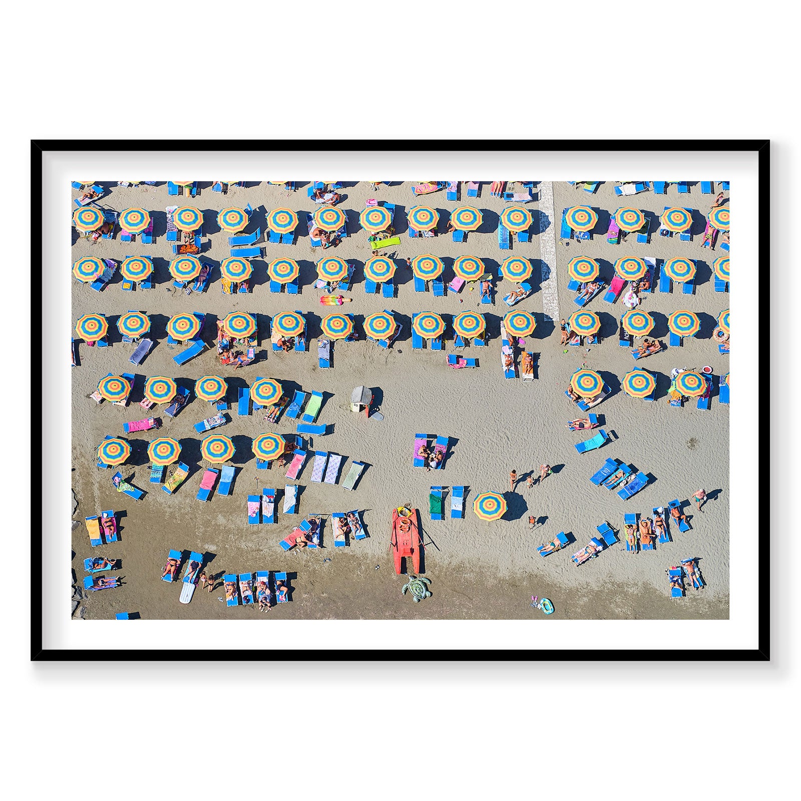 Aerial view of colorful beach umbrellas and sunbathers on Italian sandy beach, photography print by Remy Gerega