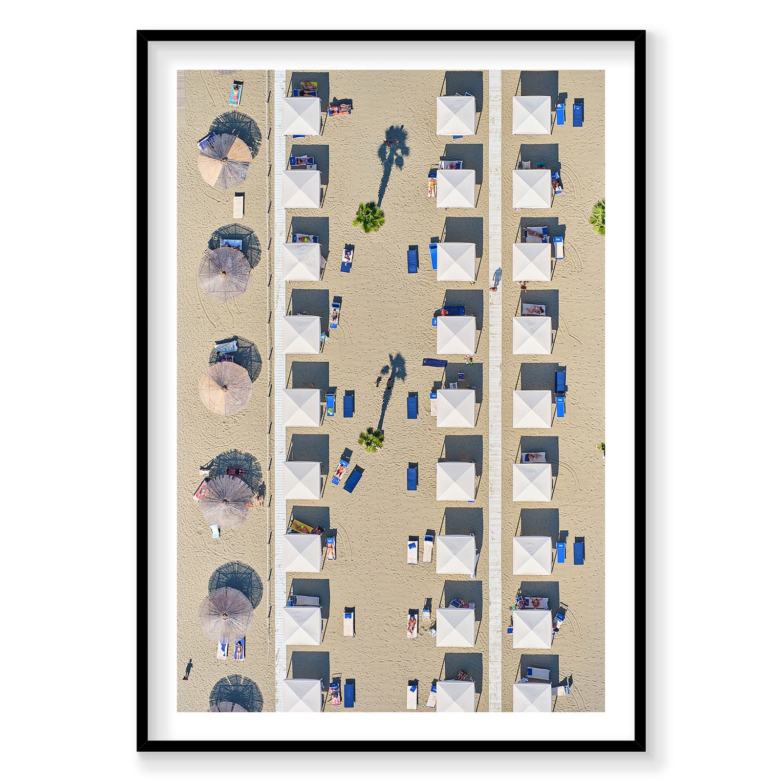 Aerial view of organized beach cabanas and umbrellas on sandy Italian shore, photography print by Remy Gerega