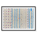 Aerial view of Italian beach with colorful umbrellas and sunbathers arranged in organized rows, photography print by Remy ...