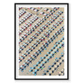 Aerial view of Italian beach with organized rows of umbrellas and sunbathers, photography print by Remy Gerega