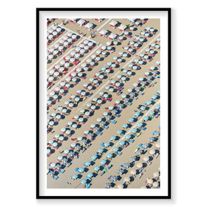 Aerial view of Italian beach with organized rows of umbrellas and sunbathers, photography print by Remy Gerega