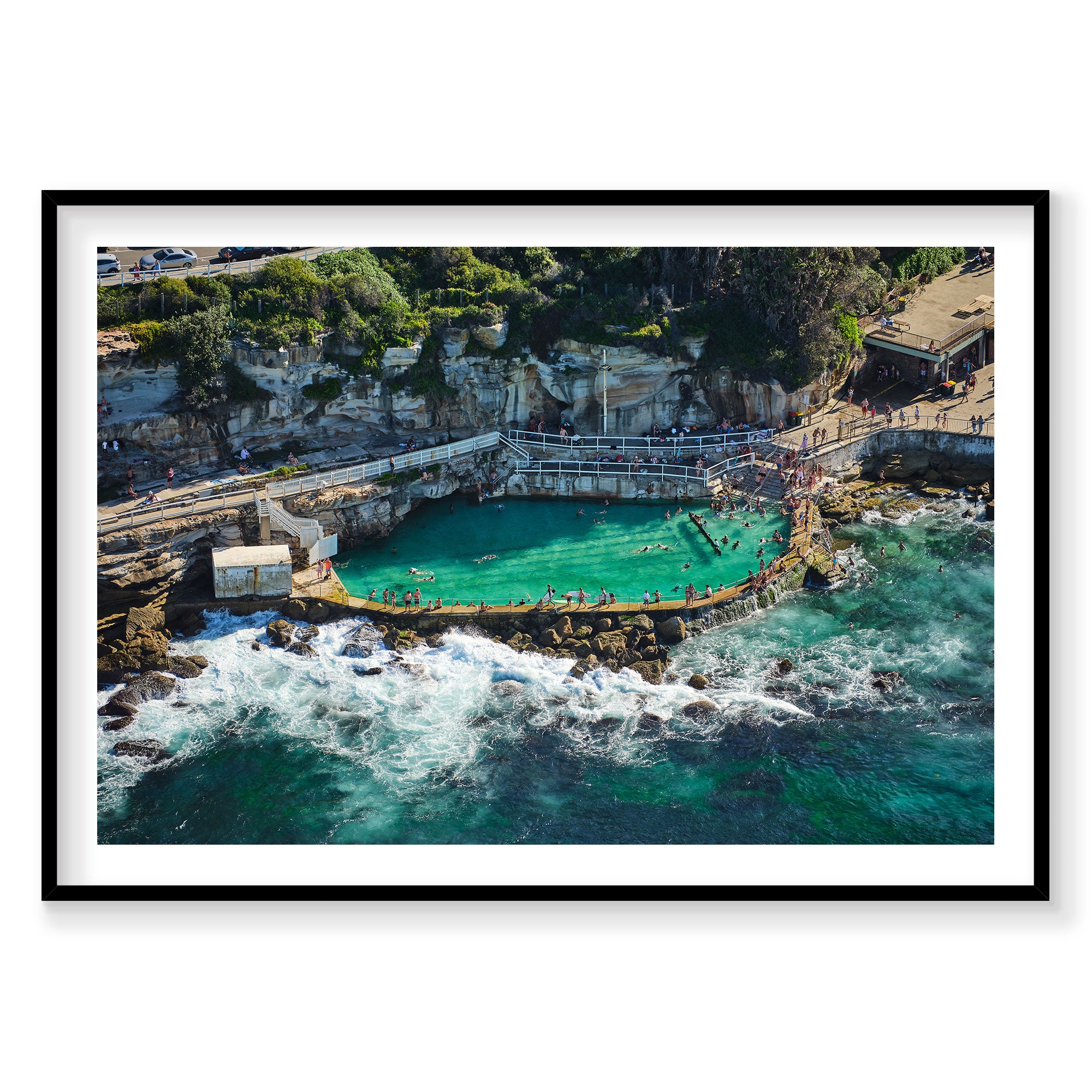 Aerial view of Bronte Beach ocean pool with turquoise water and crashing waves, photography print by Remy Gerega