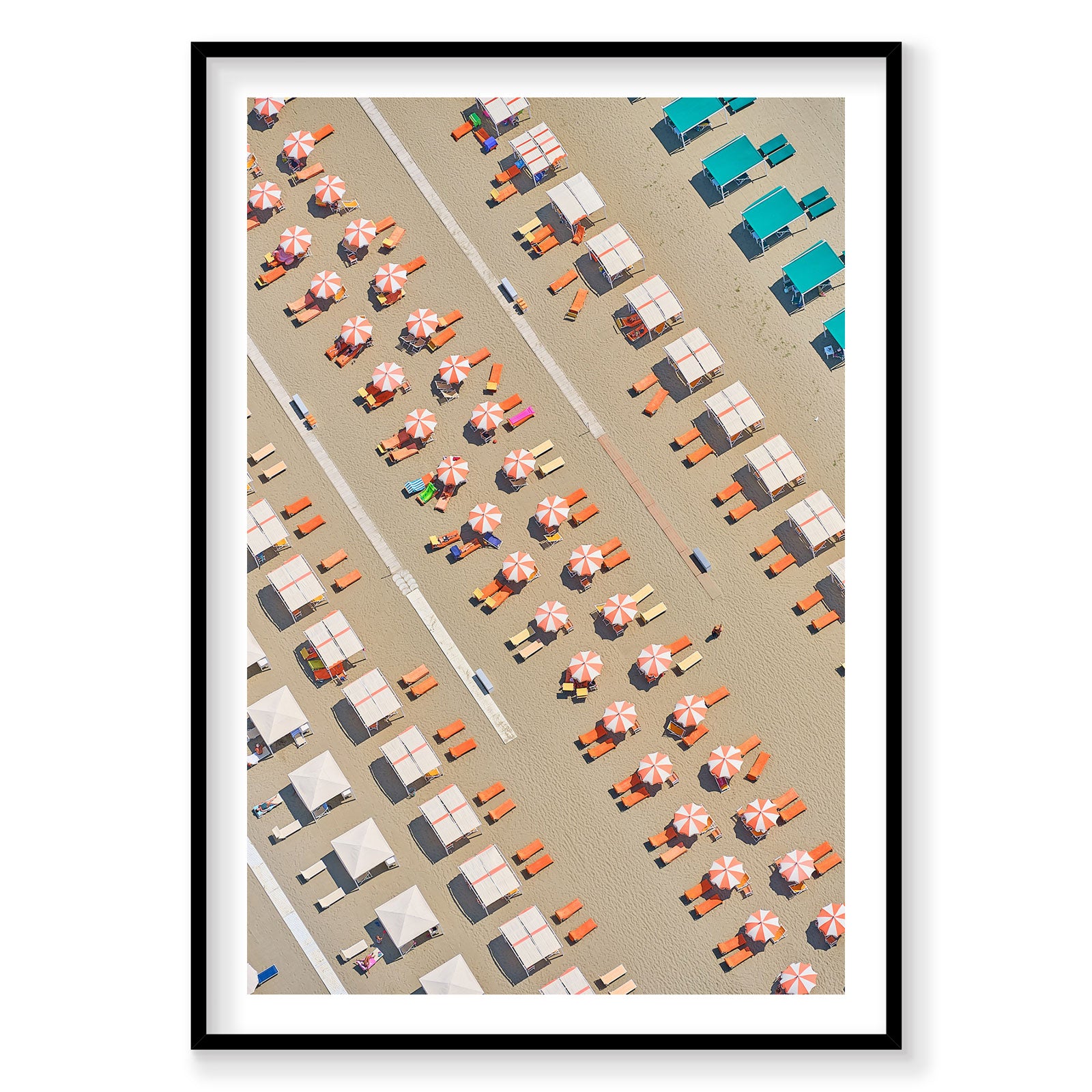 Aerial view of Italian beach with orange lounge chairs and umbrellas, photography print by Remy Gerega