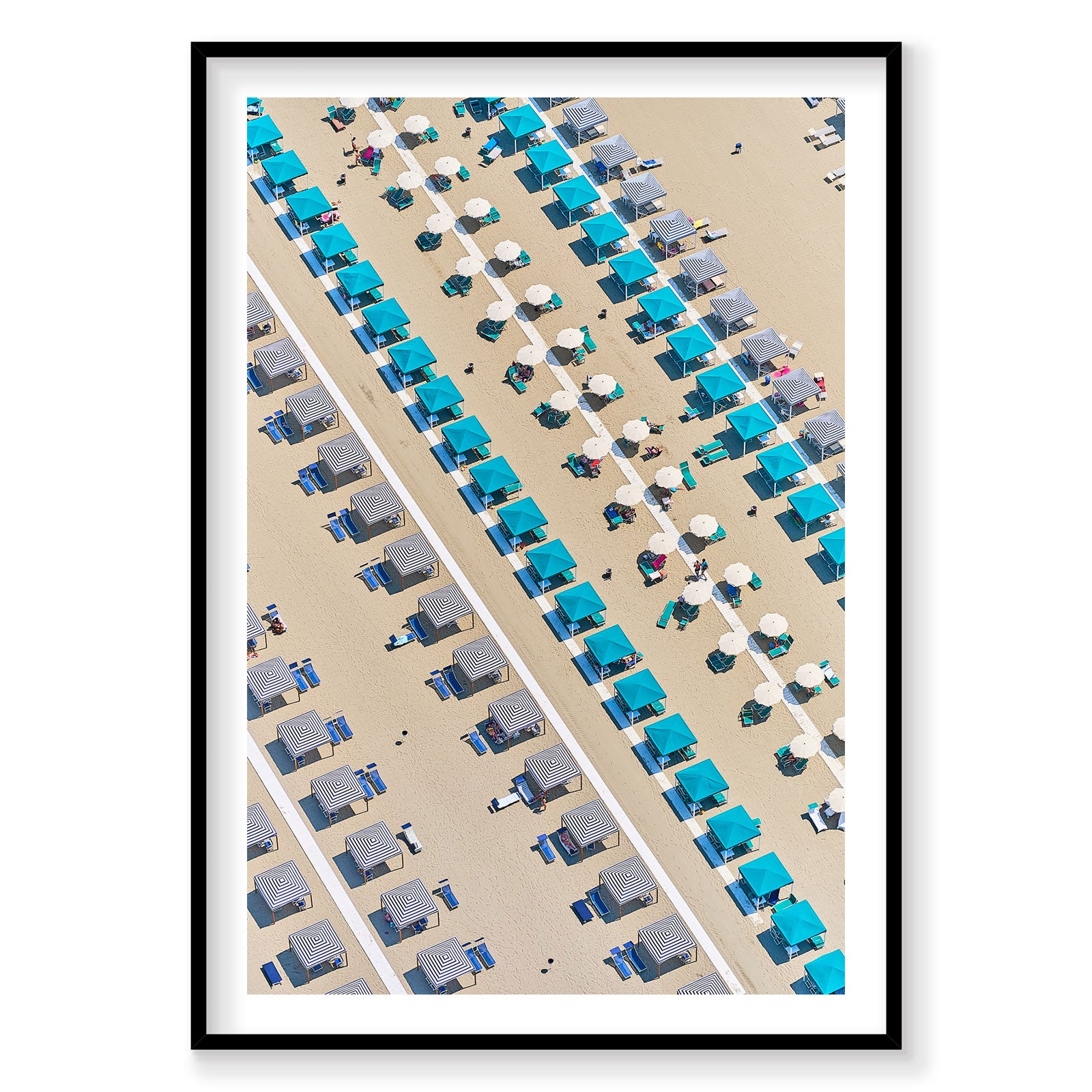Aerial view of Italian beach club with turquoise and striped umbrellas arranged in rows, photography print by Remy Gerega