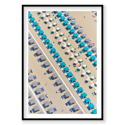 Aerial view of Italian beach club with turquoise and striped umbrellas arranged in rows, photography print by Remy Gerega