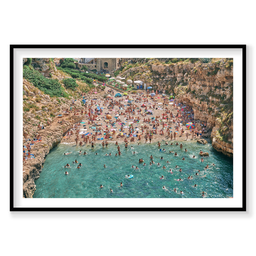 Aerial view of Lama Monachile beach cove with turquoise water and crowded sandy shore, Italy, photography print by Remy Ge...