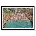 Aerial view of Lama Monachile beach cove with turquoise water and crowded sandy shore, Italy, photography print by Remy Ge...