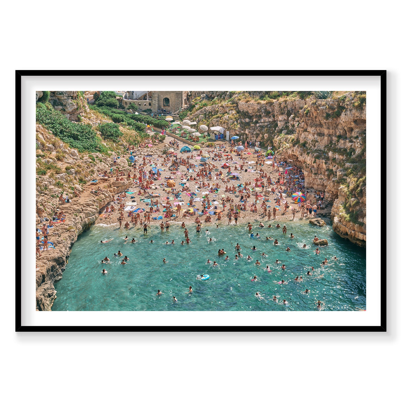 Aerial view of Lama Monachile beach cove with turquoise water and crowded sandy shore, Italy, photography print by Remy Ge...
