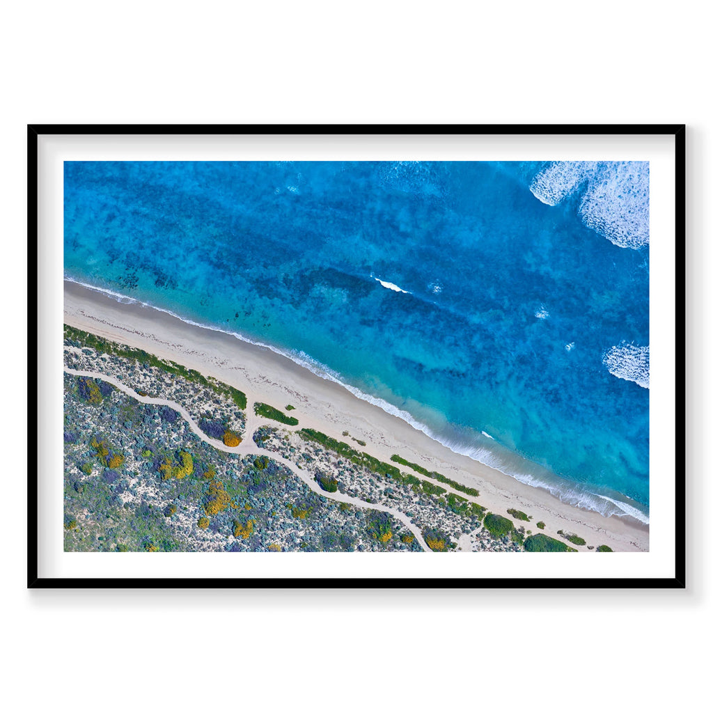 Aerial view of Kalbarri beach with turquoise ocean and rocky coastline, photography print by Remy Gerega