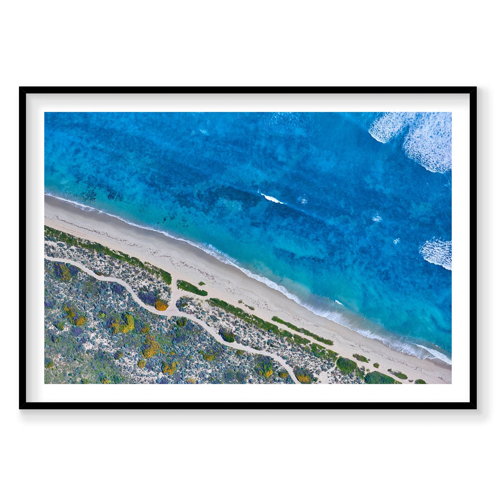 Aerial view of Kalbarri beach with turquoise ocean and rocky coastline, photography print by Remy Gerega