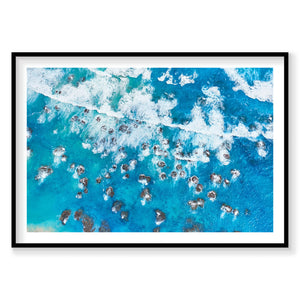 Aerial view of crashing white waves and rocky outcrops in turquoise ocean at Kalbarri, photography print by Remy Gerega