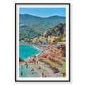 Monterosso al Mare beach with colorful umbrellas and turquoise water, Cinque Terre Italy, photography print by Remy Gerega